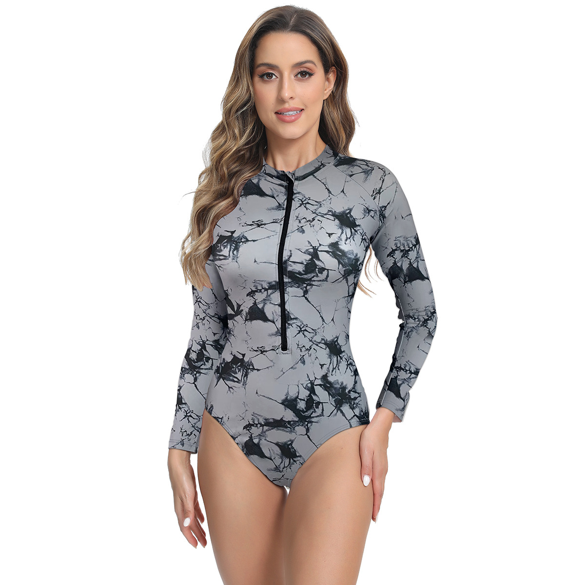 New Women Front Zipper Long Sleeve 1 Piece Swimwear Beach Triangle Bathing Suits